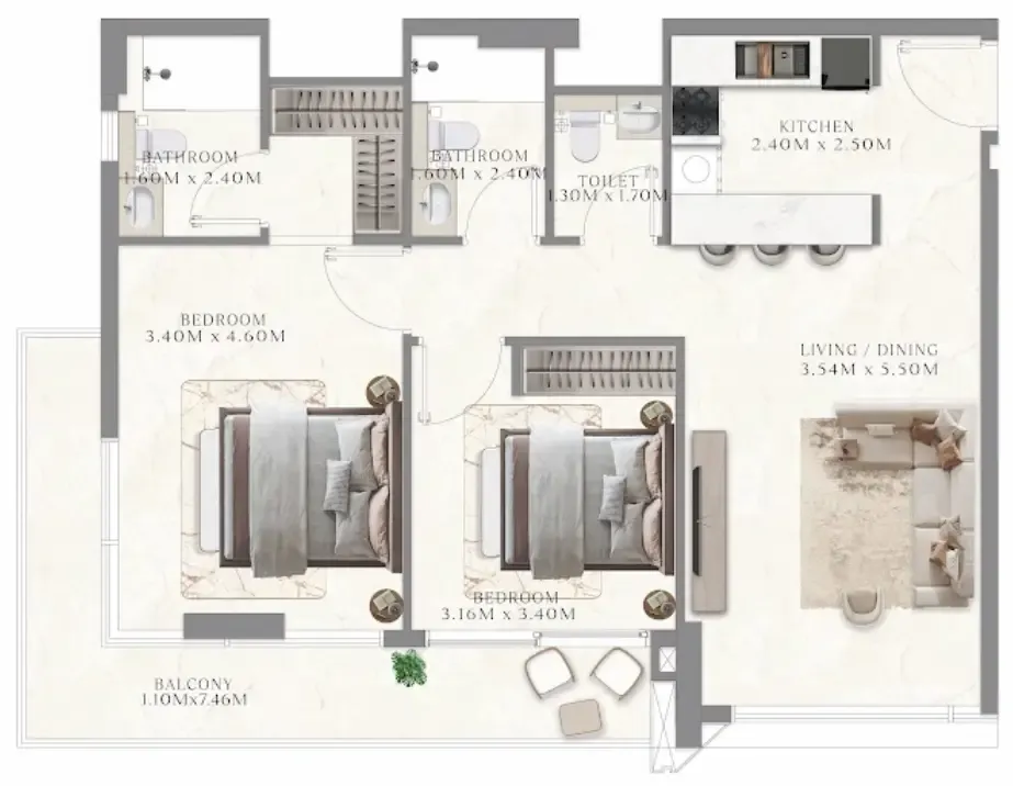 Aum 99 Residences 2 bed floor plan, 975 sqft