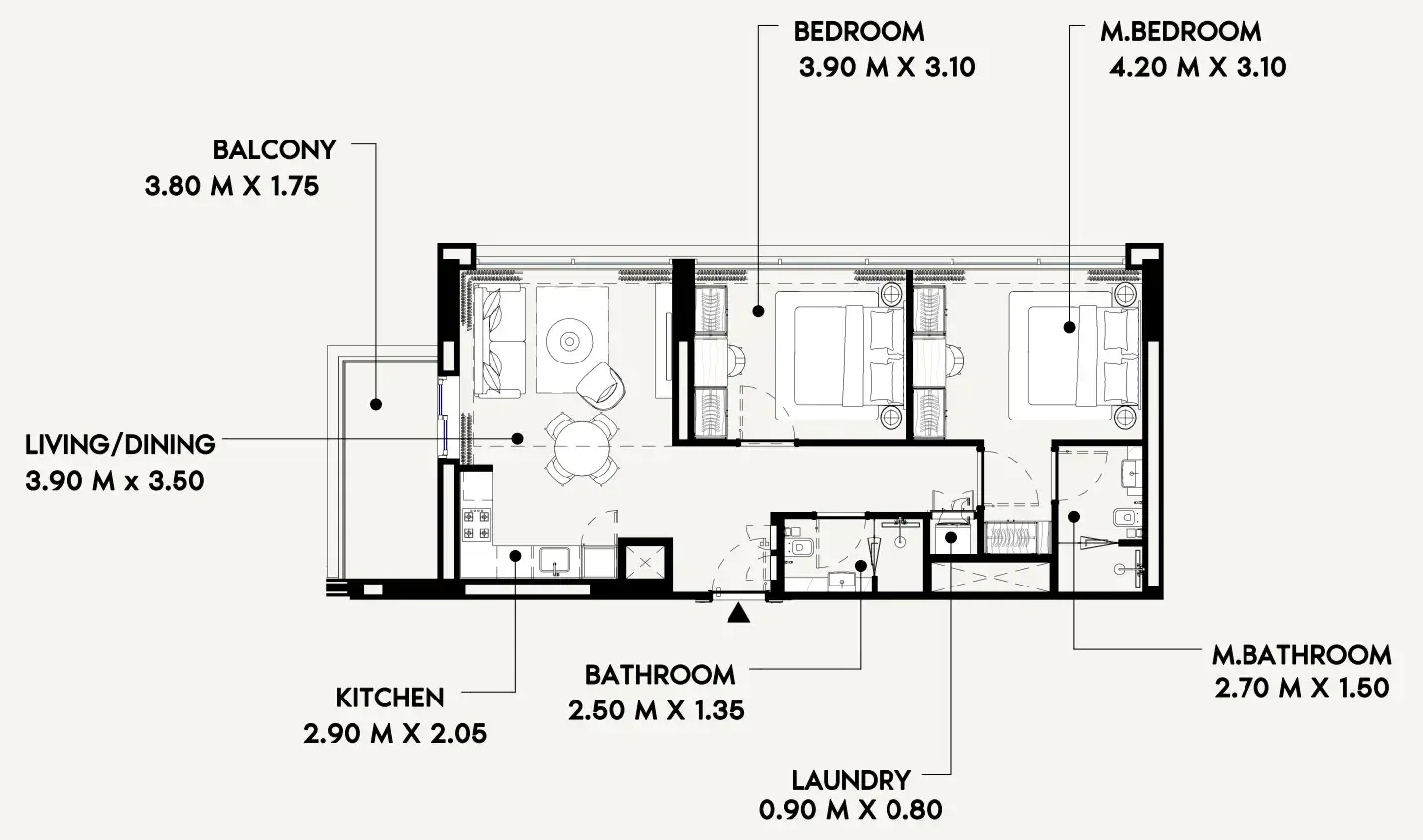 Azizi Lina 2 bed floor plan, 899 sqft