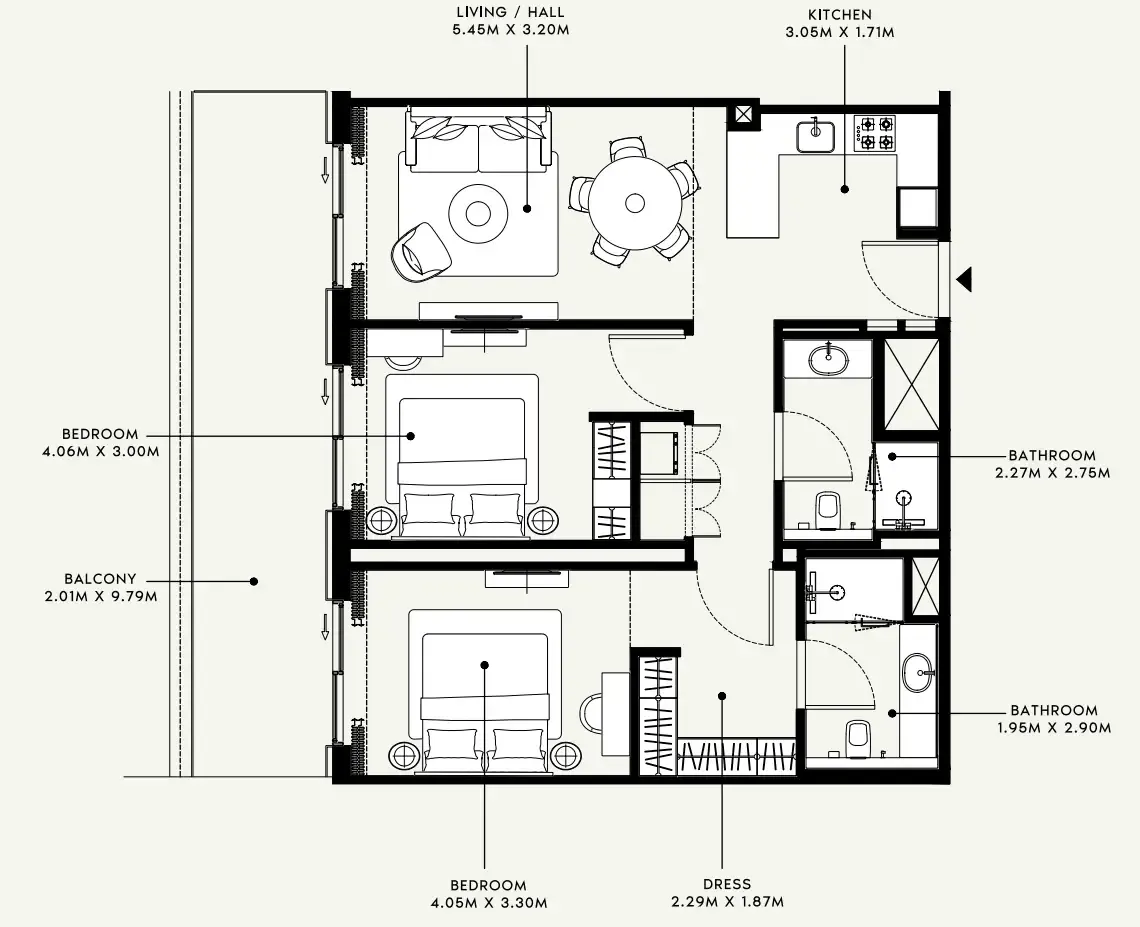 Azizi Venice 2 bed floor plan, 1,150 sqft