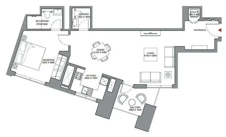Skyscape 1 bed floor plan, 846 sqft