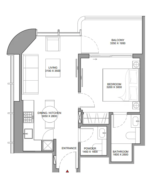 Sobha Aquamont 1 bed floor plan, 577 – 578 sqft
