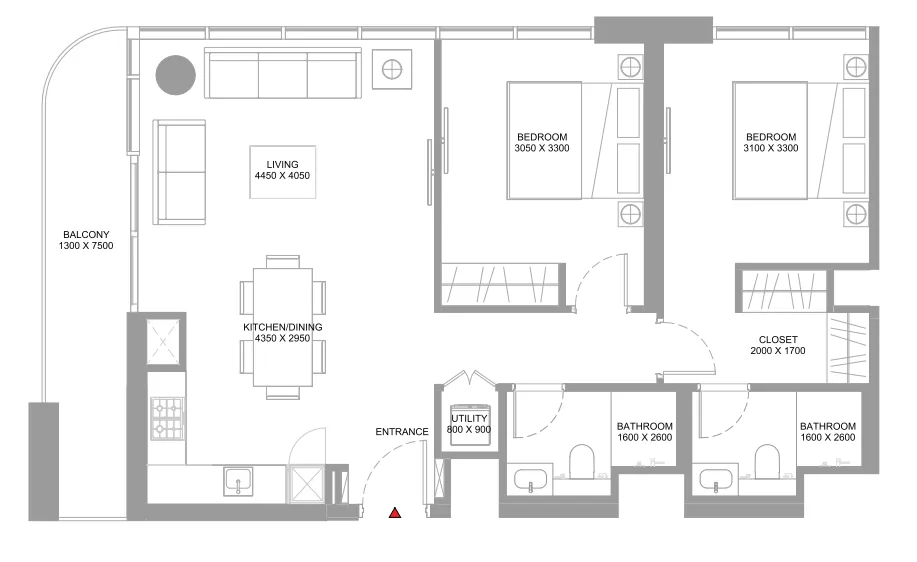 Starline Beach Residences 2 bed floor plan, 973 sqft
