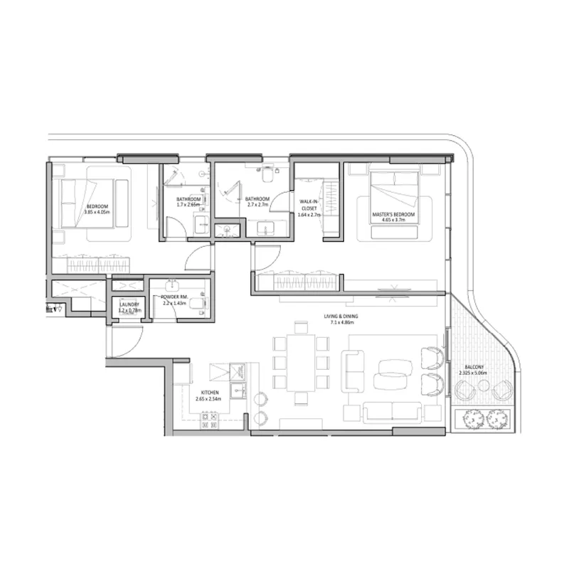 The Blue Beach Residence 2 bed floor plan, 1,731 sqft