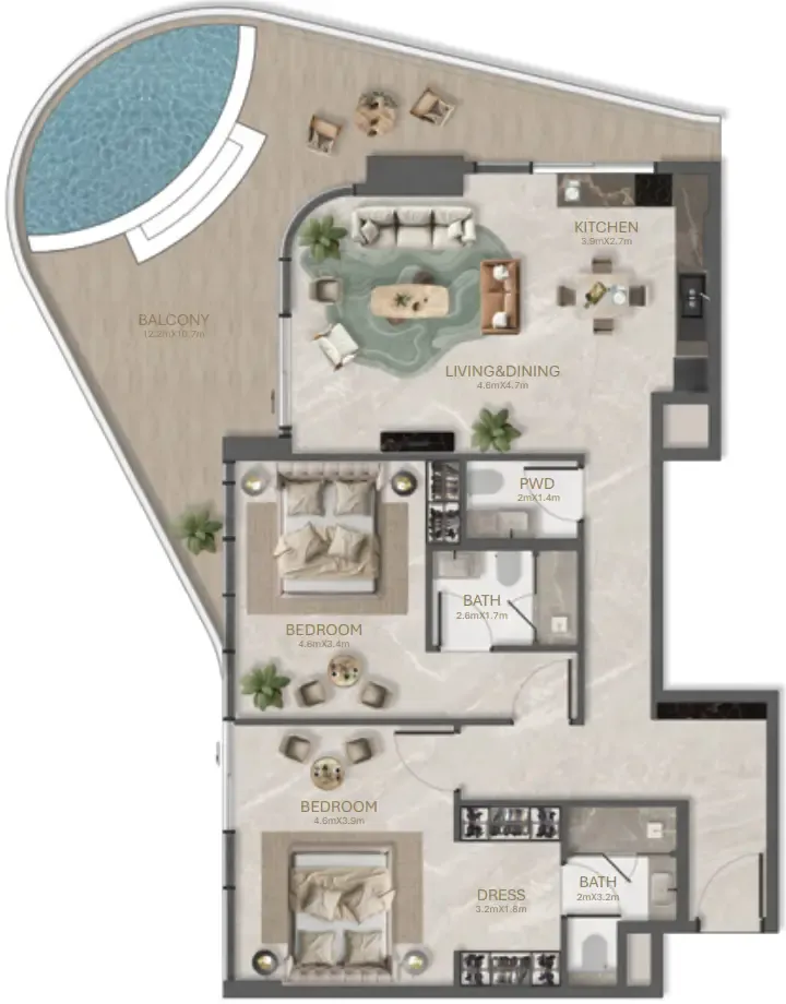La Perla by BNW Developments 2 bed floor plan, 1,663 – 1,733 sqft