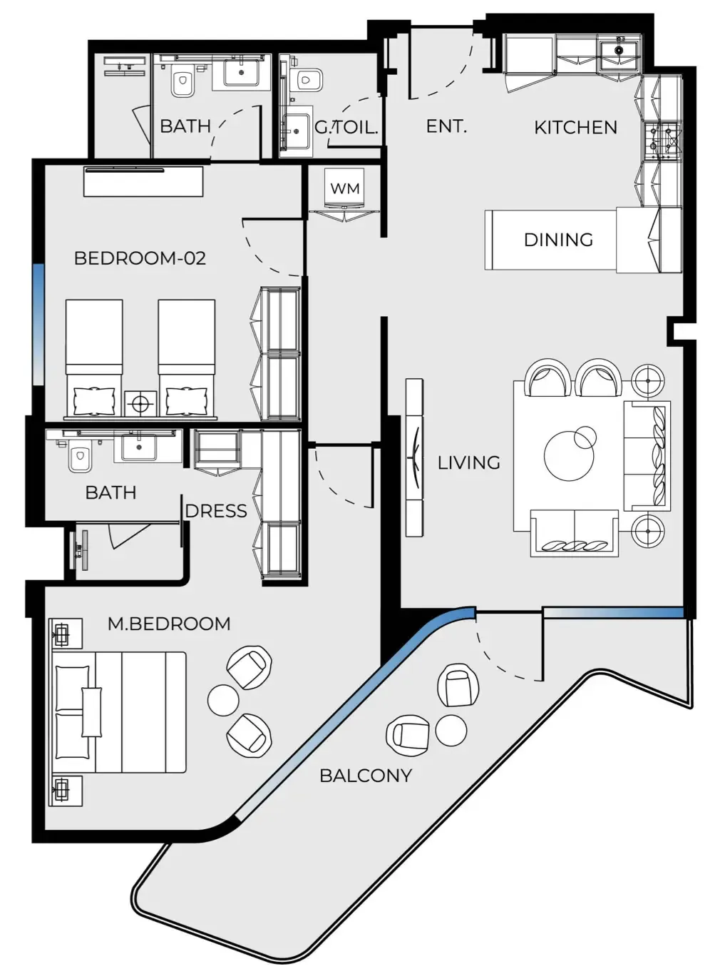 Luxury Canal Residences 2 bed floor plan, 1,244 sqft