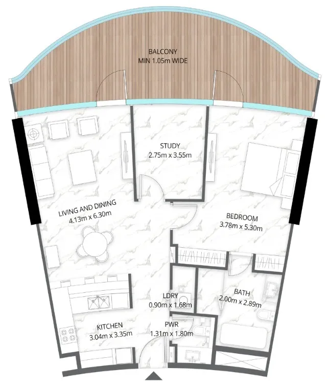 Aqua Arc 1 bed floor plan, 1,306 sqft