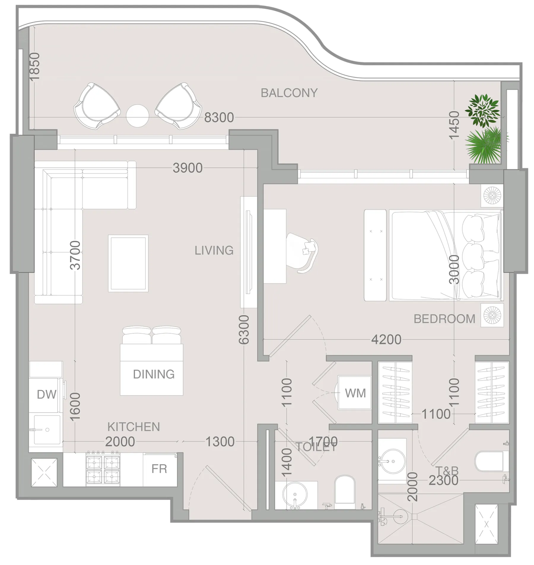 ALTA V1EW 1 bed floor plan, 743 sqft