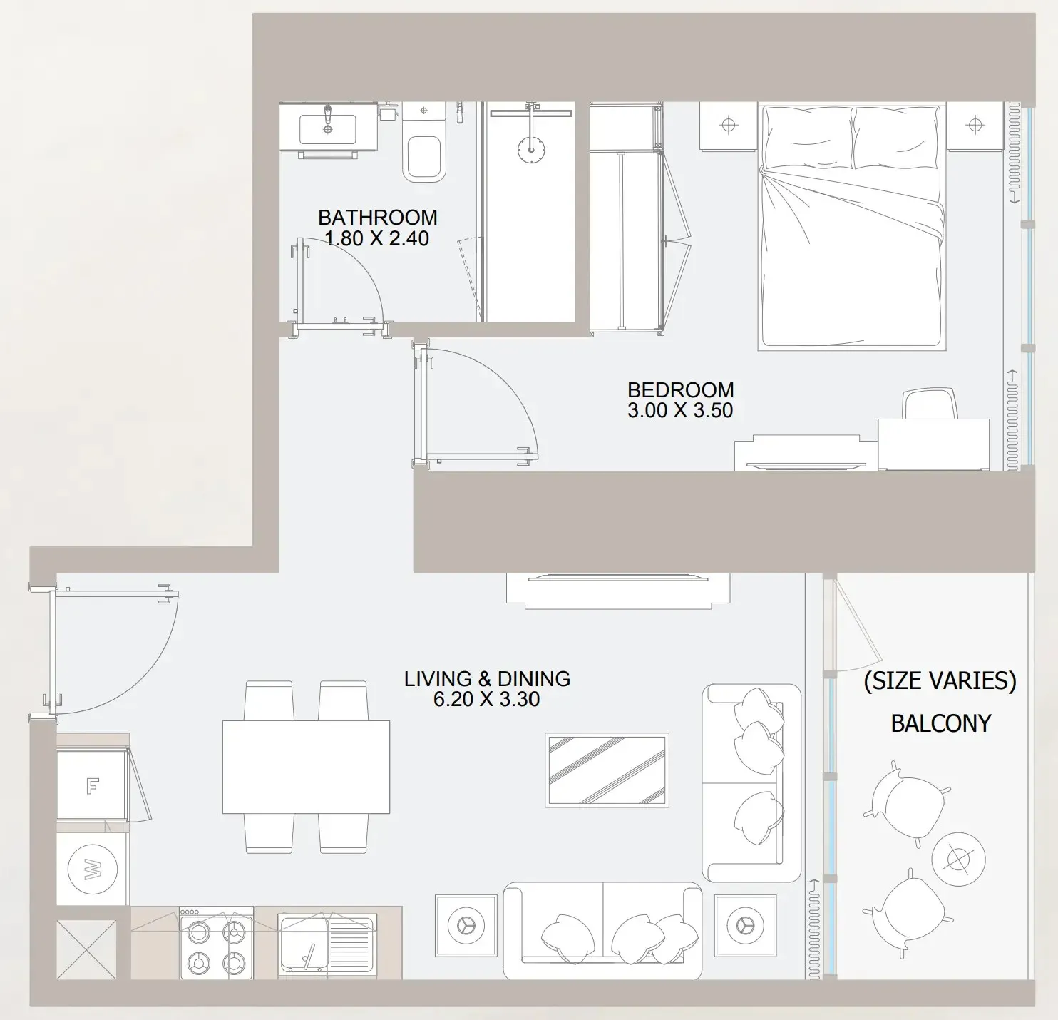 Vista 3 1 bed floor plan, 534 sqft
