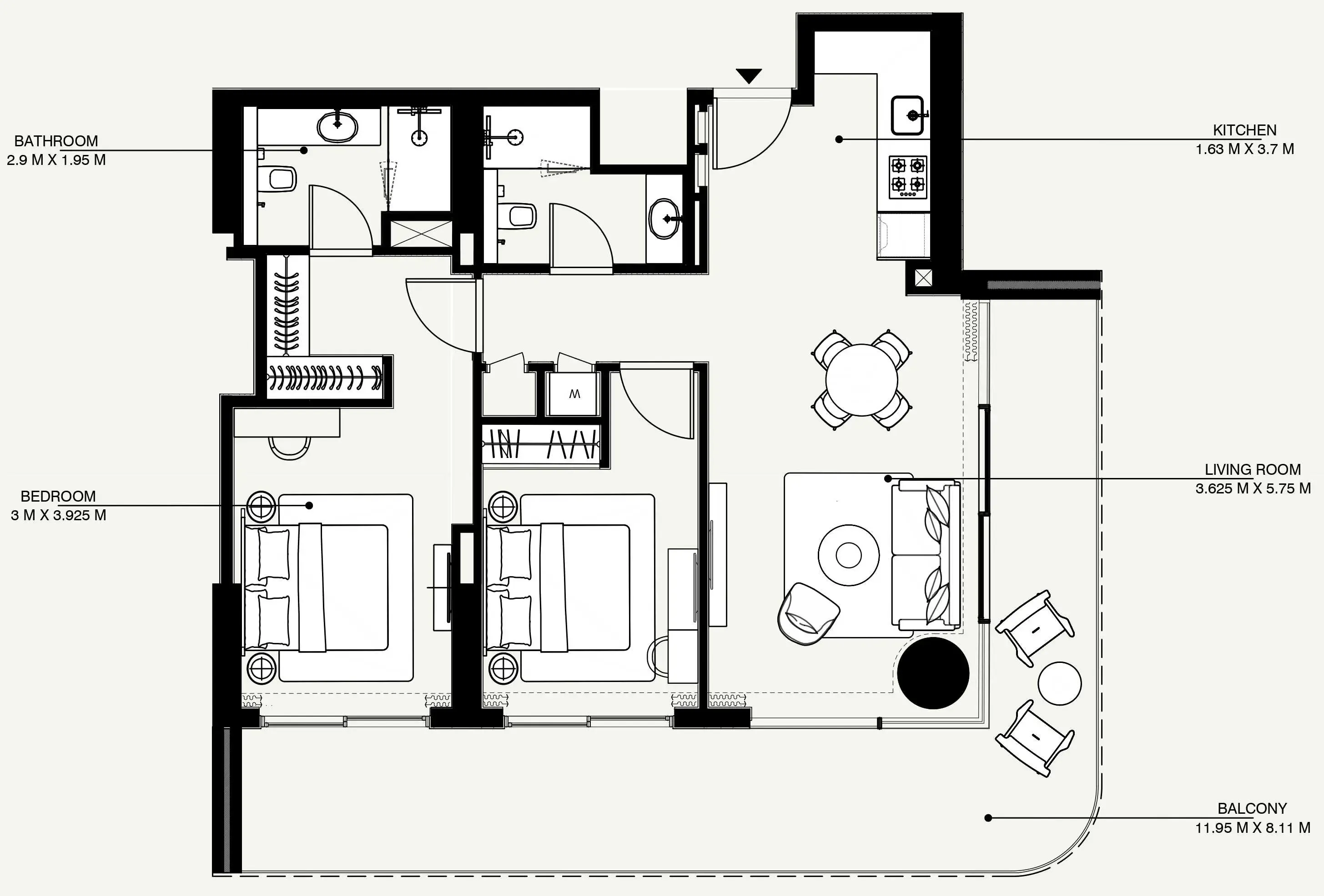 Azizi Venice 2 bed floor plan, 1,345 sqft