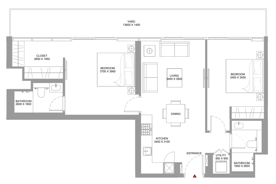 Pierside Marina Residences 2 bed floor plan, 1,072 sqft