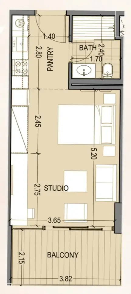 Celia Homes Studio floor plan, 443 sqft