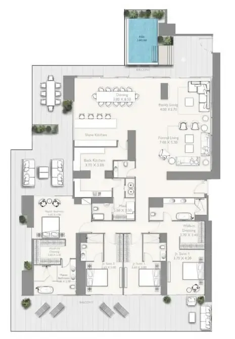 Fairmont Residences Solara Tower 4 bed floor plan, 5,260 – 5,512 sqft
