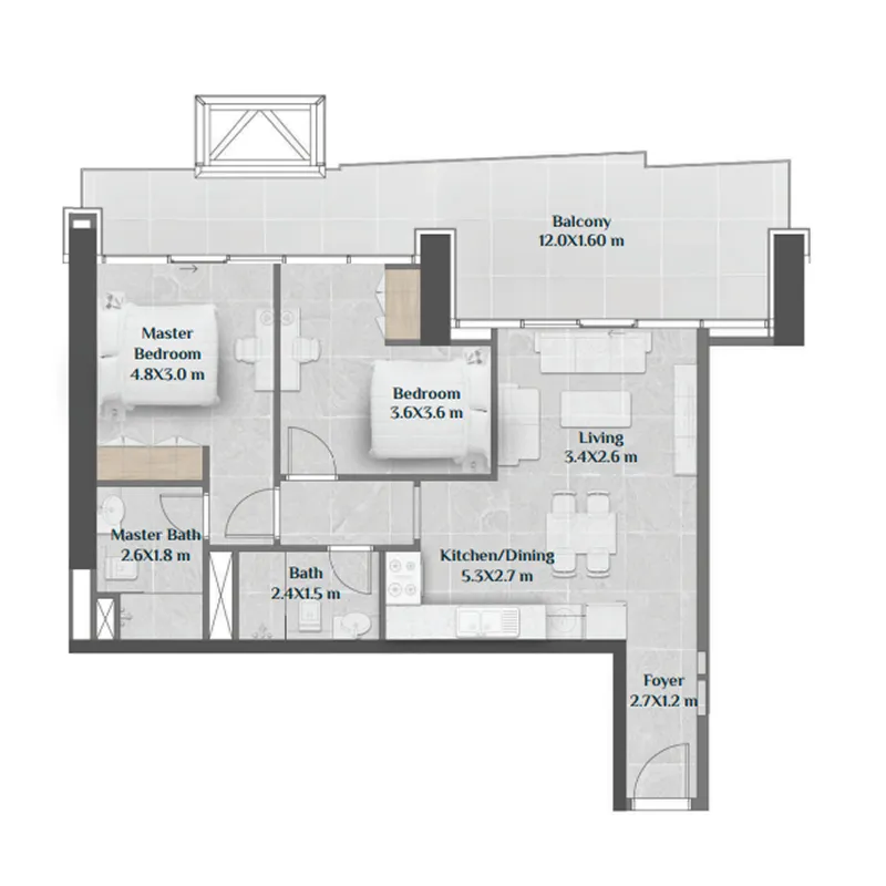 Sky Hills Residence 2 bed floor plan, 982 – 1,063 sqft