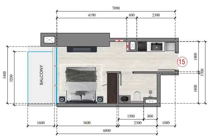 Auresta Tower Studio floor plan, 333 sqft