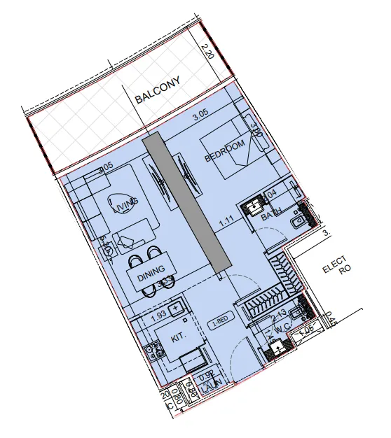 Binghatti Aquarise 1 bed floor plan, 791 sqft