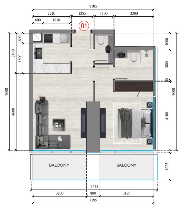 Auresta Tower 1 bed floor plan, 671 – 675 sqft