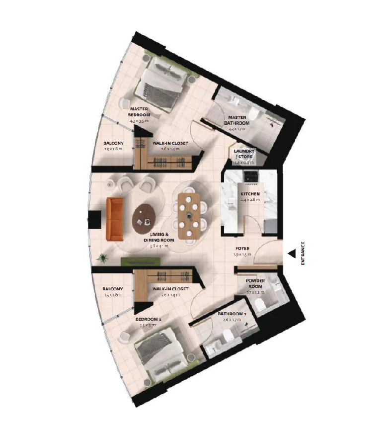 Waada Dubai South 2 bed floor plan, 1,154 sqft