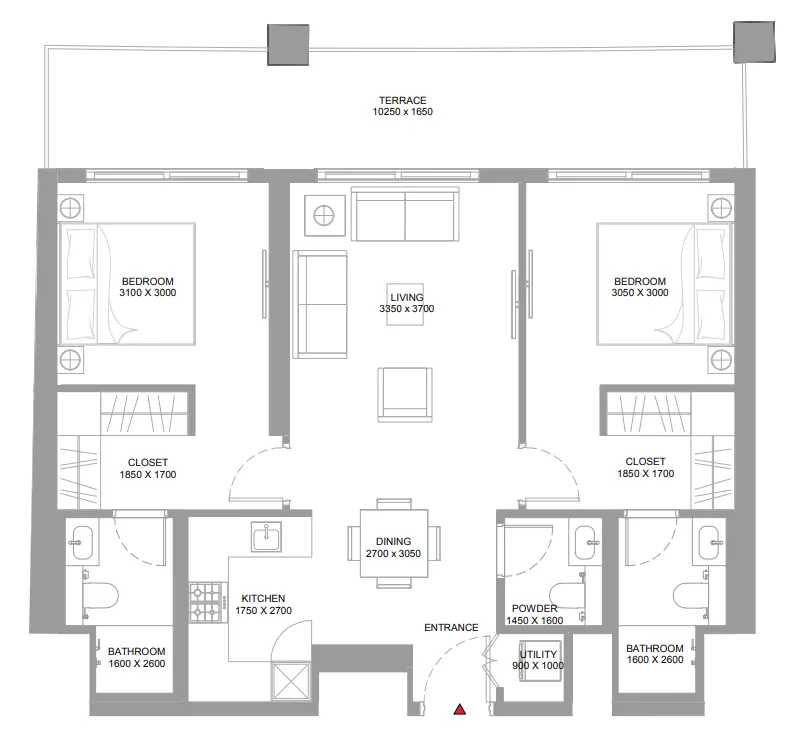 Pierside Marina Residences 2 bed floor plan, 1,039 sqft