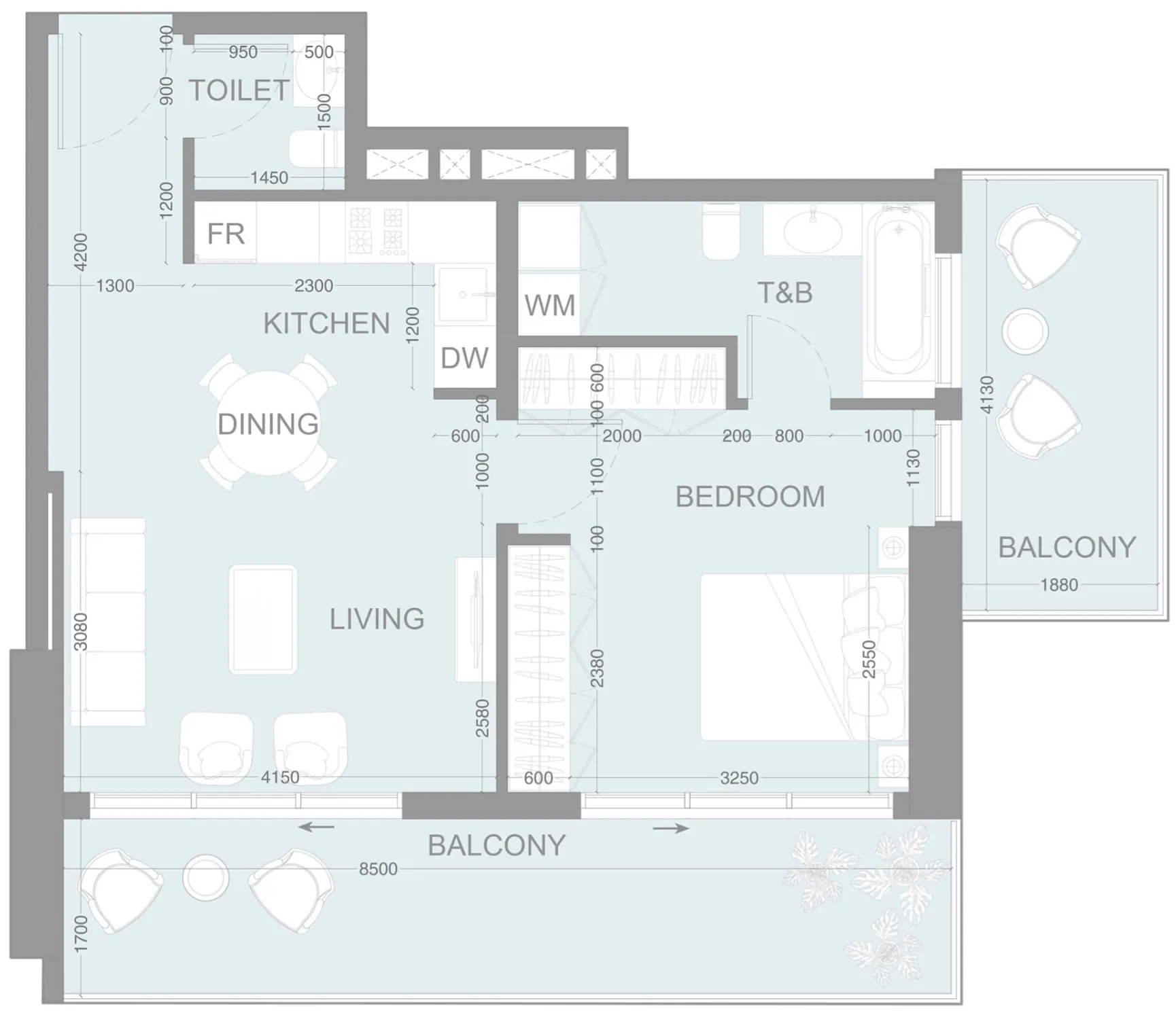 LUM1NAR 1 bed floor plan, 869 sqft