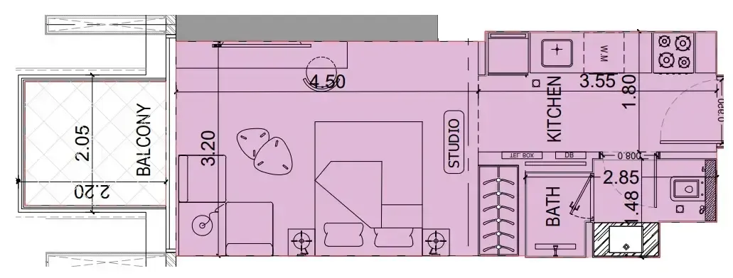 Binghatti Luxuria Studio floor plan, 338 sqft