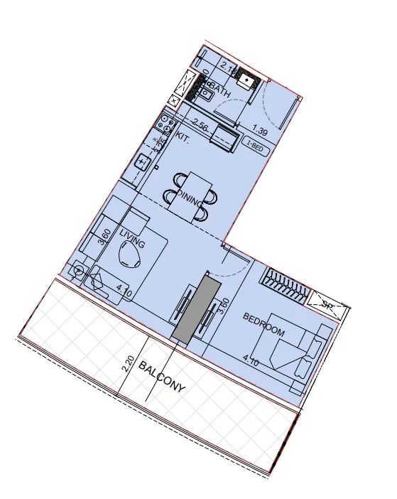 Binghatti Aquarise 1 bed floor plan, 789 sqft