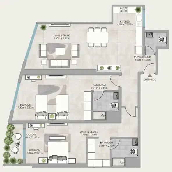 Ajman Creek Towers 2 bed floor plan, 1,933 sqft