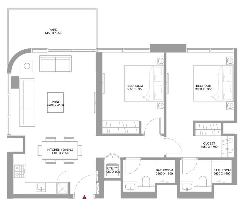 Starline Beach Residences 2 bed floor plan, 965 sqft