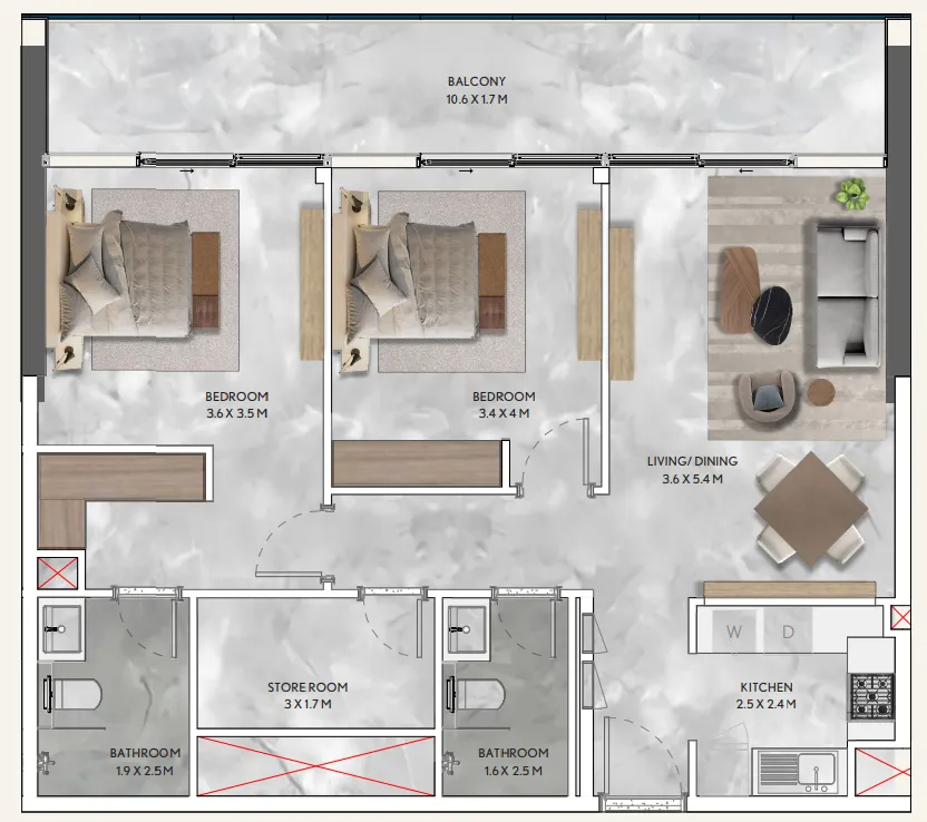 California Residences 2 bed floor plan, 1,055 – 1,134 sqft