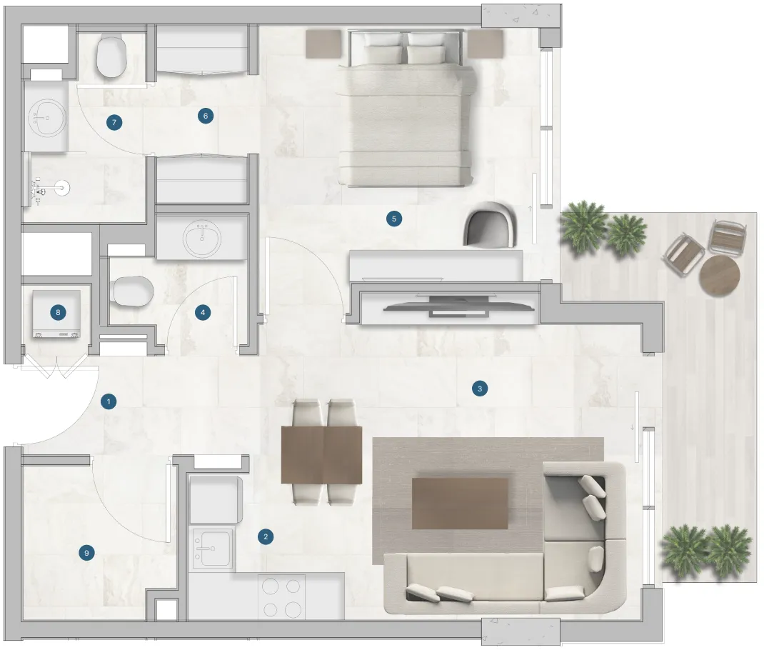 Sola Residences 1 bed floor plan, 716 – 720 sqft