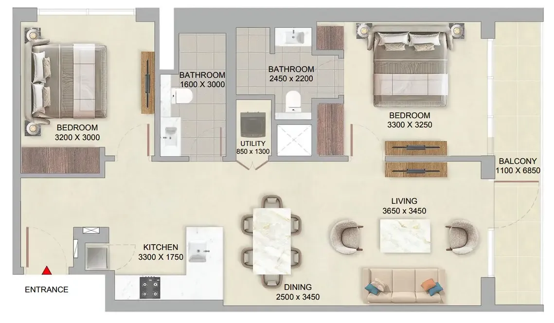 The Woods at Sobha Sanctuary 2 bed floor plan, 961 sqft