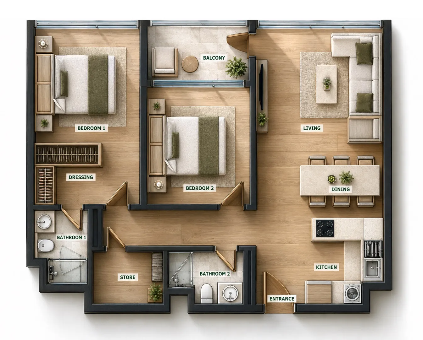 Lunara Tower 2 bed floor plan, 821 sqft