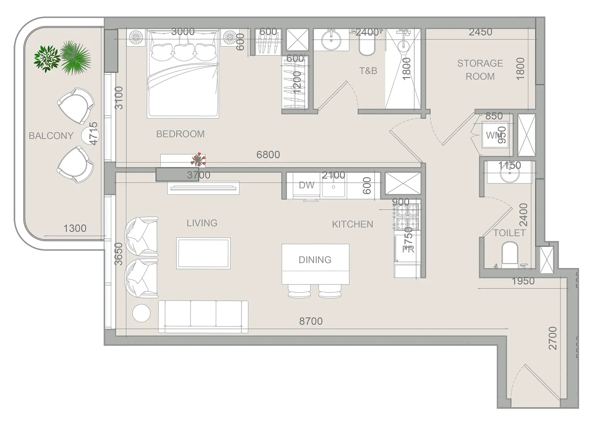 S1LV1ANA Park 1 bed floor plan, 847 sqft