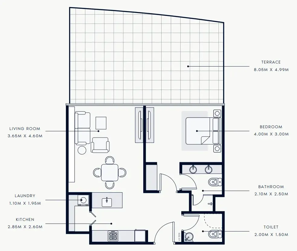Riviera Rêve 1 bed floor plan, 1,085 sqft