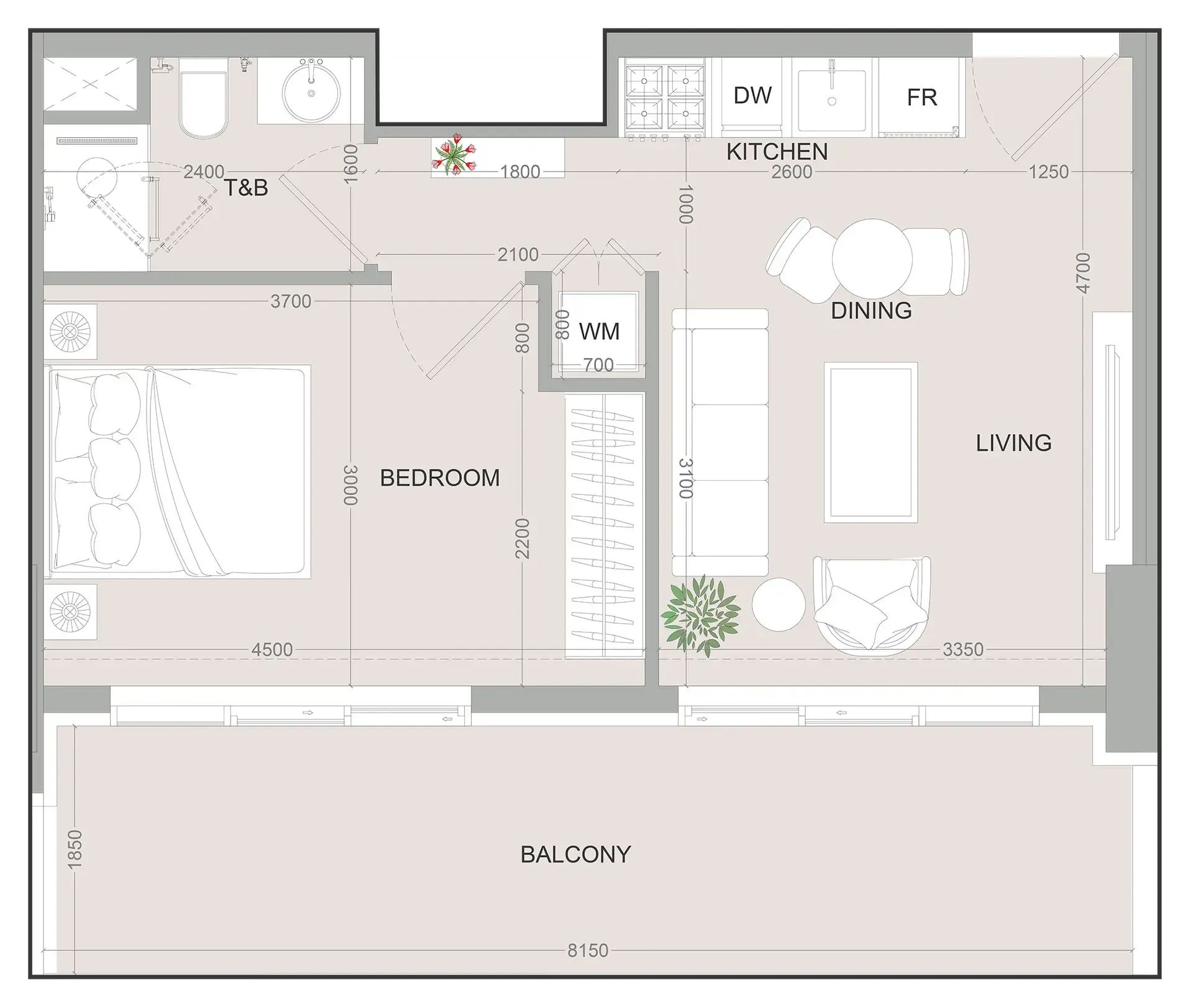 A1LA Residence 1 bed floor plan, 981 sqft