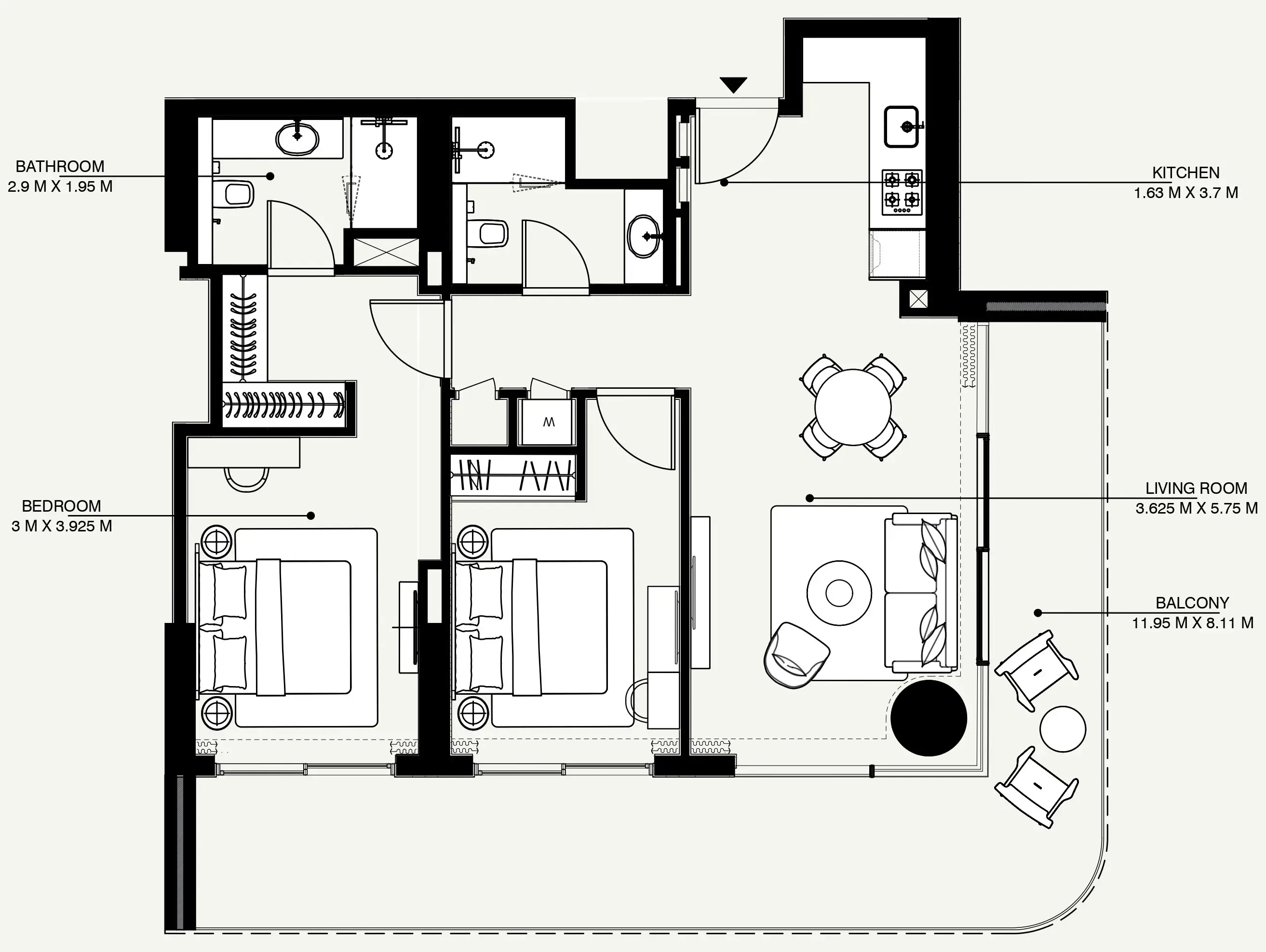 Azizi Venice 2 bed floor plan, 1,345 sqft