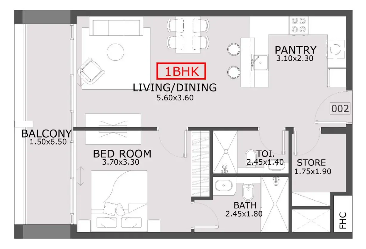 Azra Residence 1 bed floor plan, 785 sqft