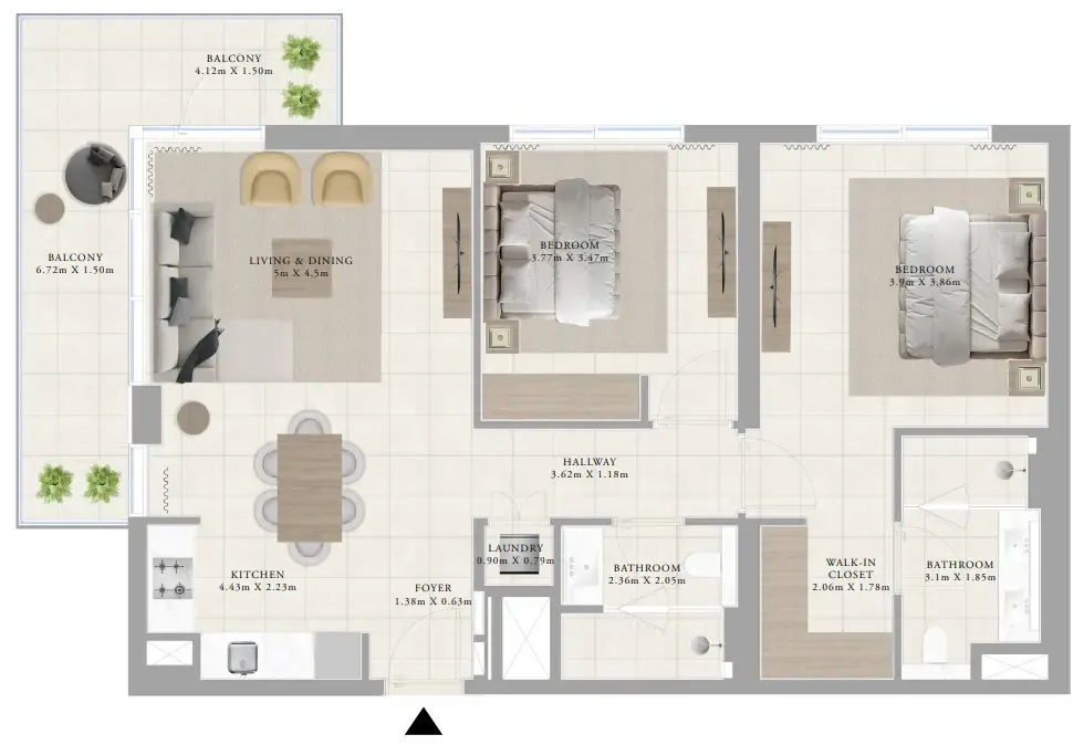 Greenside Residence 2 bed floor plan, 1,176 sqft