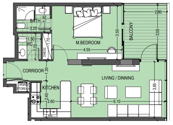 Celia Gardens 1 bed floor plan, 789 sqft