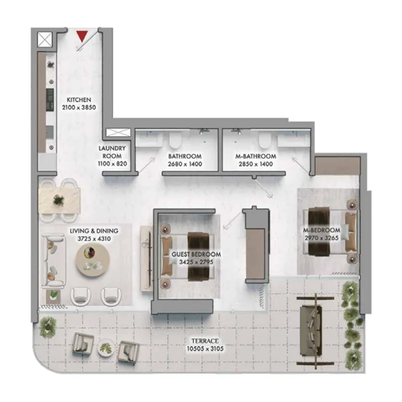 Elmora 2 bed floor plan, 957 sqft