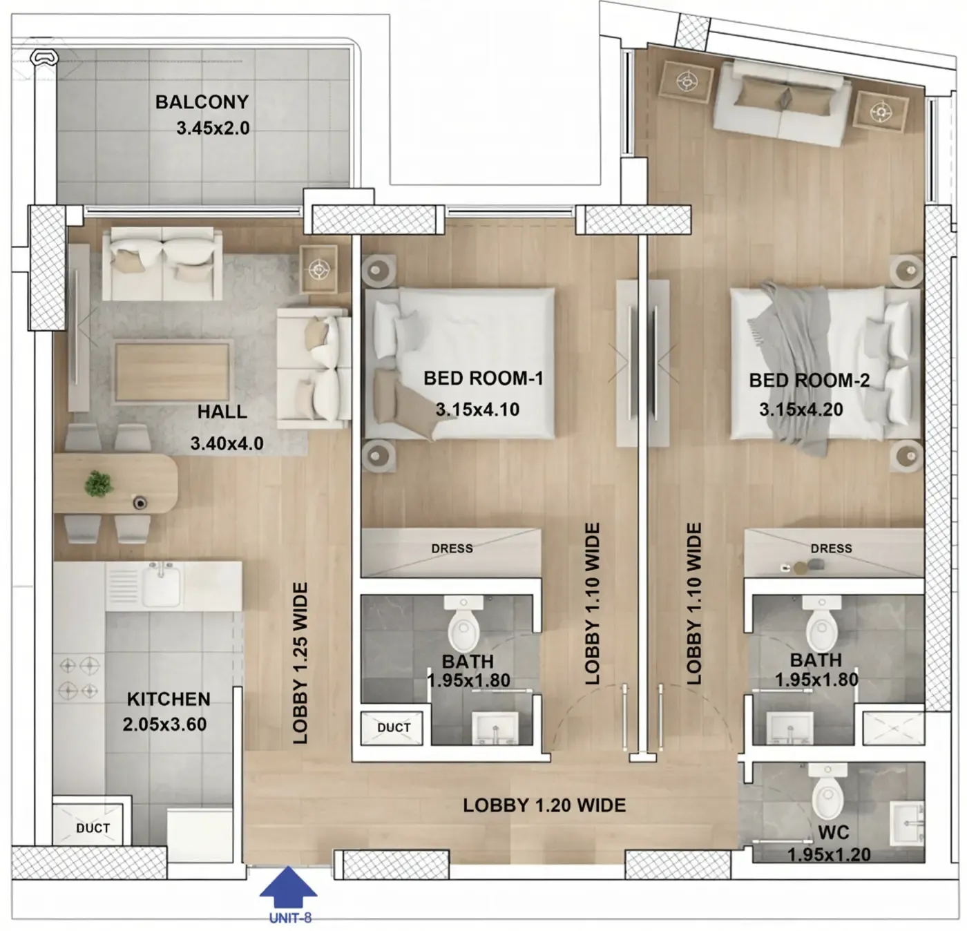 RR Residence 2 bed floor plan, 992 sqft