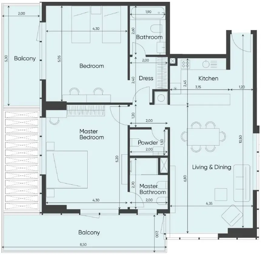 Sea Legend Tower One 2 bed floor plan, 1,555 sqft