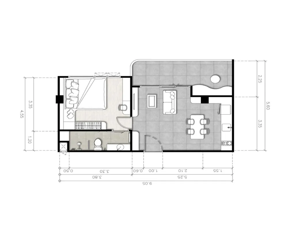 The Element 1 bed floor plan, 496 sqft