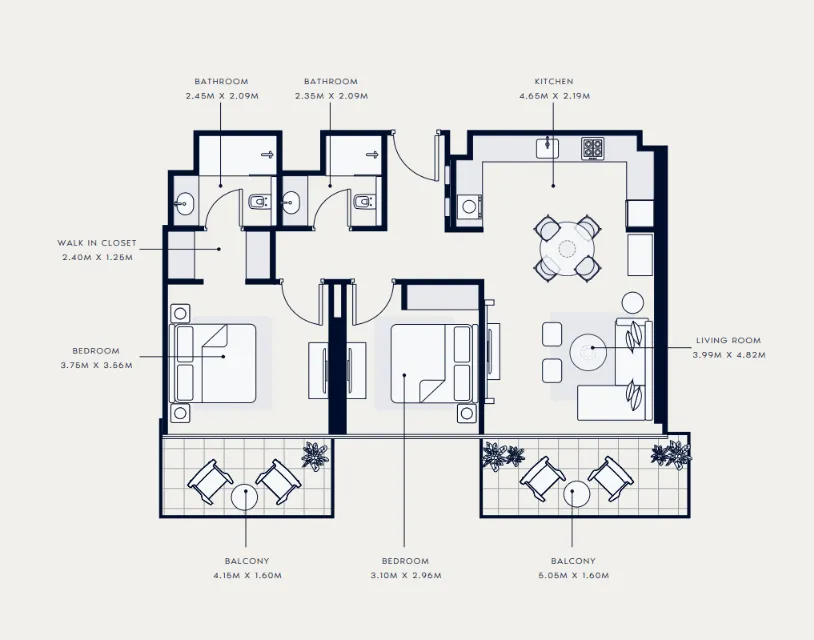 Azizi Venice 2 bed floor plan, 1,069 sqft
