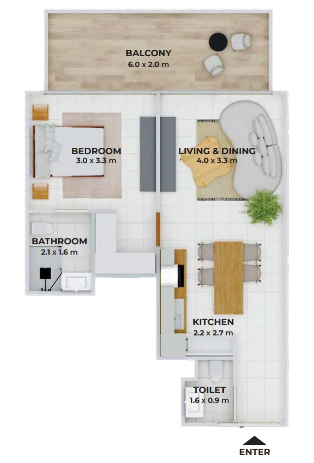 Treppan Tower 1 bed floor plan, 643 – 720 sqft