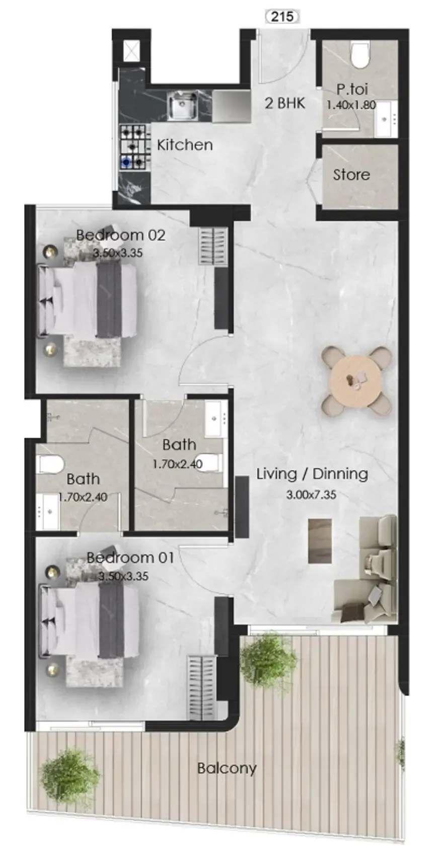 Aristo 2 bed floor plan, 978 sqft