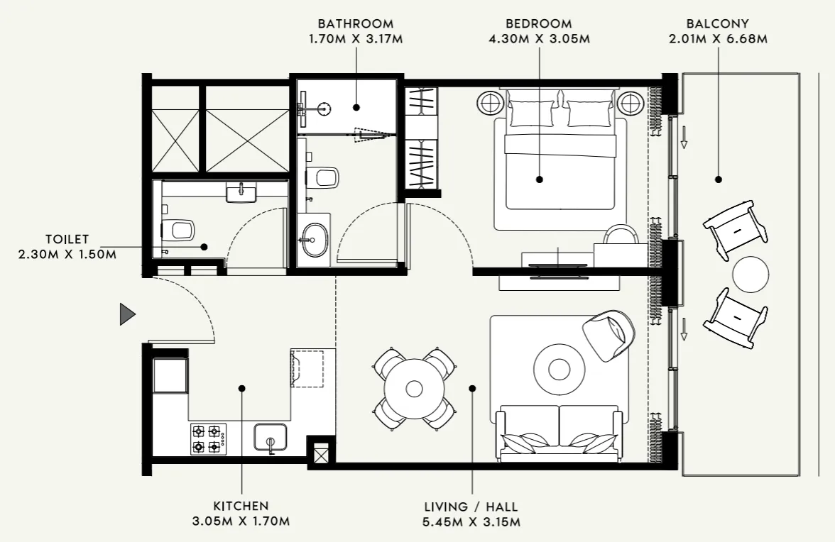 Azizi Venice 1 bed floor plan, 736 sqft