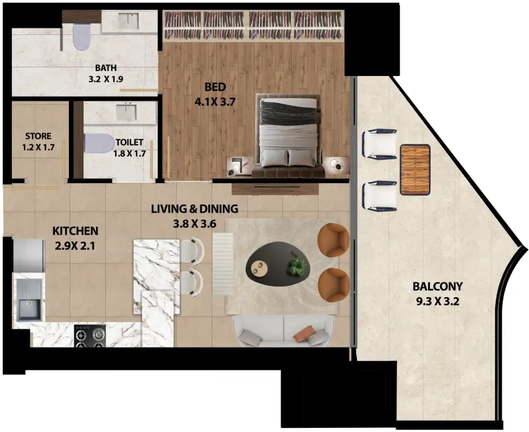 Marquis One 1 bed floor plan, 883 sqft