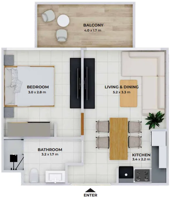 Treppan Tower 1 bed floor plan, 476 – 479 sqft