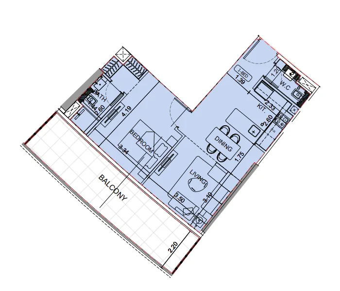 Binghatti Aquarise 1 bed floor plan, 824 sqft