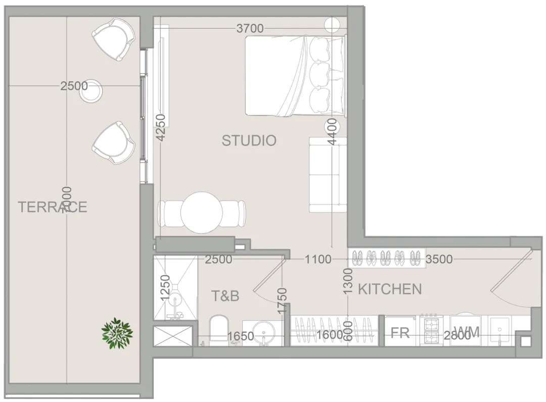 TETR1S Tower Studio floor plan, 567 sqft